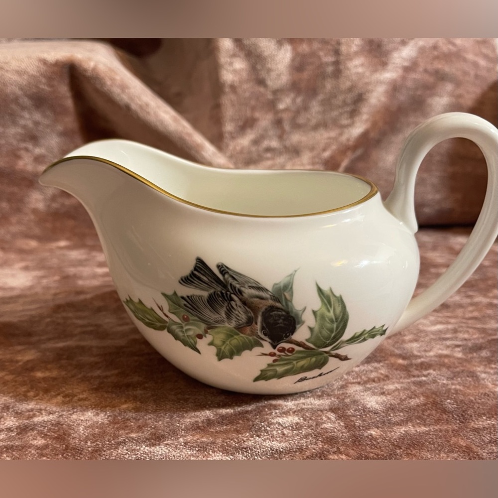 Vintage Boehm Creamer.  Chickadee and Holly with Gold Trim